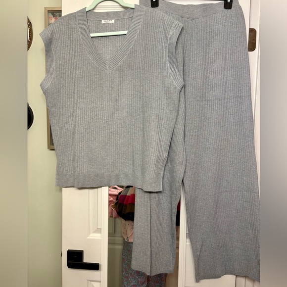 Ekouaer Pants - Ekouaer Light Gray Ribbed Knit Set